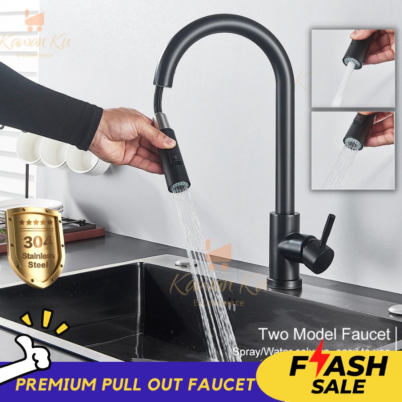 SUS304 Black Kitchen Faucet Two Mode Spray Sink Faucet Single Hole Pull ...