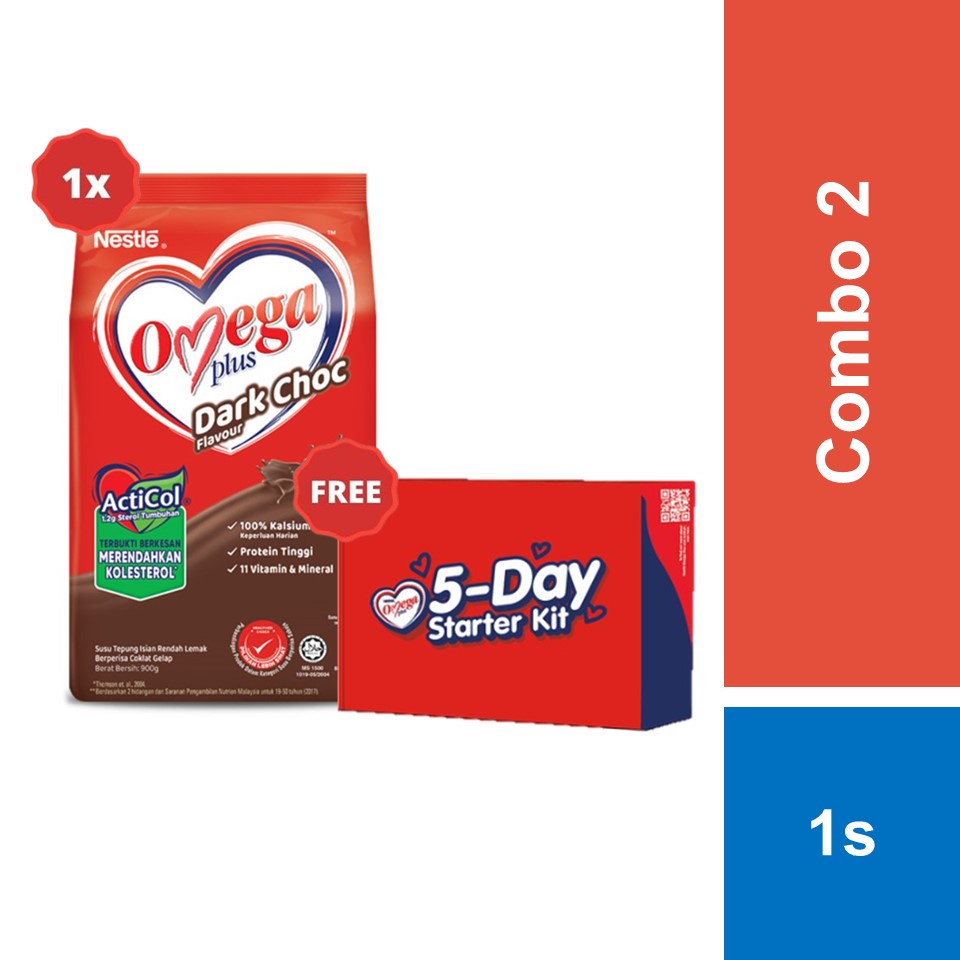 Nestle Omega Plus Dark Chocolate Milk Powder 900g FOC Omega Starter Kit