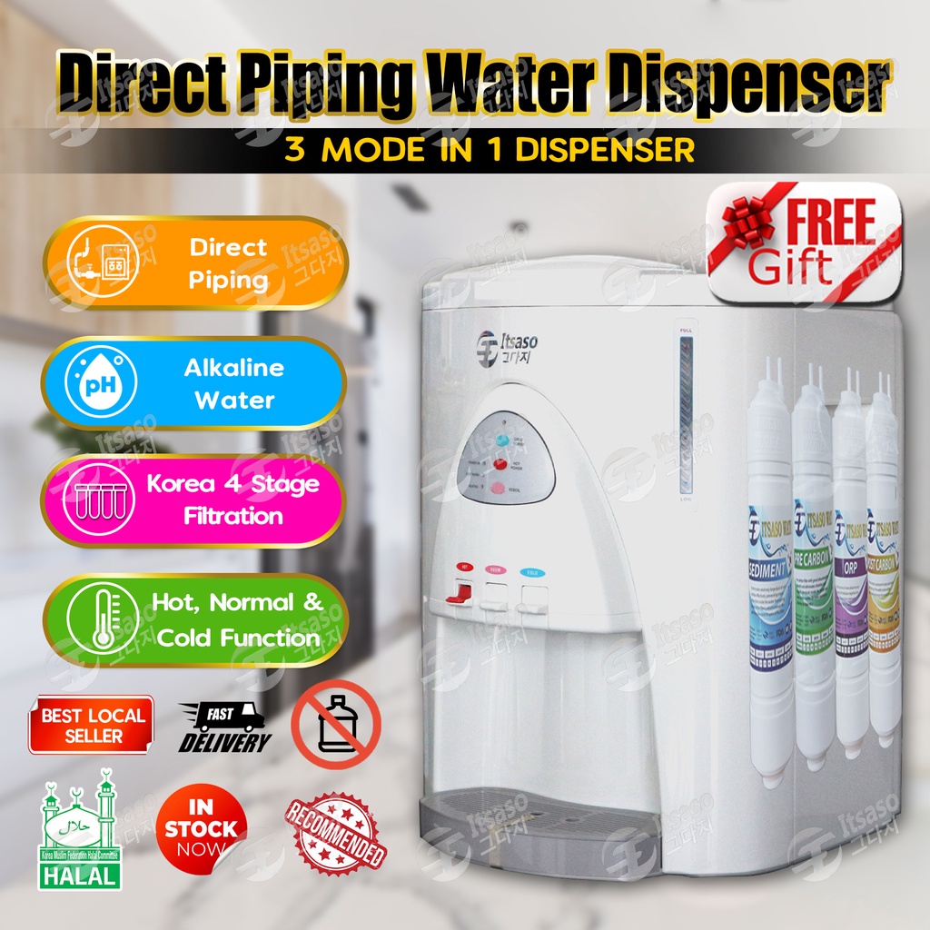 Direct Piping Dispenser Air Panas Normal dan Sejuk 4 Lapisan Air Itsaso ORP Alkali Halal Desktop