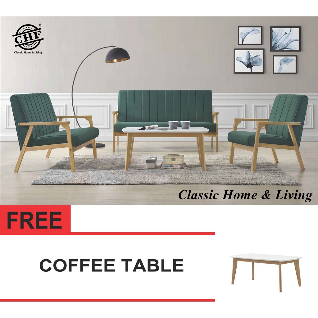 CHF Merlisa Velvet Wooden Sofa Set 1+2+3 Free Coffee Table/Solid Wood Frame/Thick and Comfortable Foam