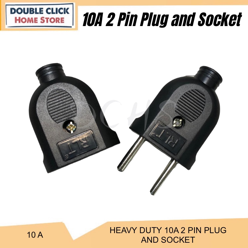 Heavy Duty 2 Pin Plug and Socket 10A 240V Round Pin Male and Female In