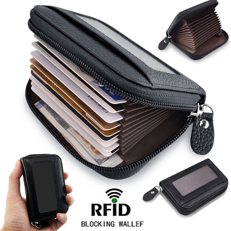 Men Wallet Credit Card Holder Genuine Leather RFID Blocking Zipper Pocket Black | Shopee Malaysia