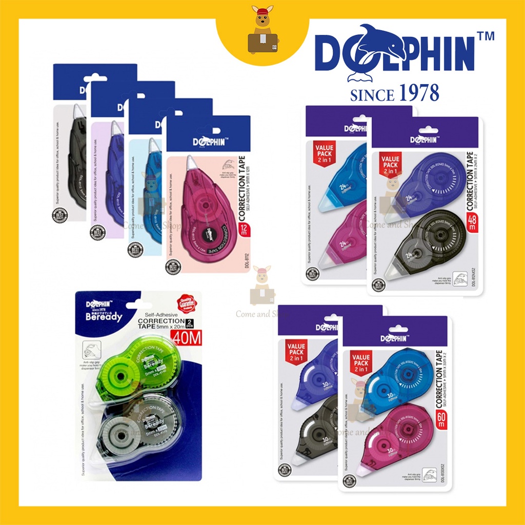 Dolphin Correction Tape Office Stationery Writing Instrument Student Stationery | 12m / 20m / 24m / 30m (RANDOM COLORS)