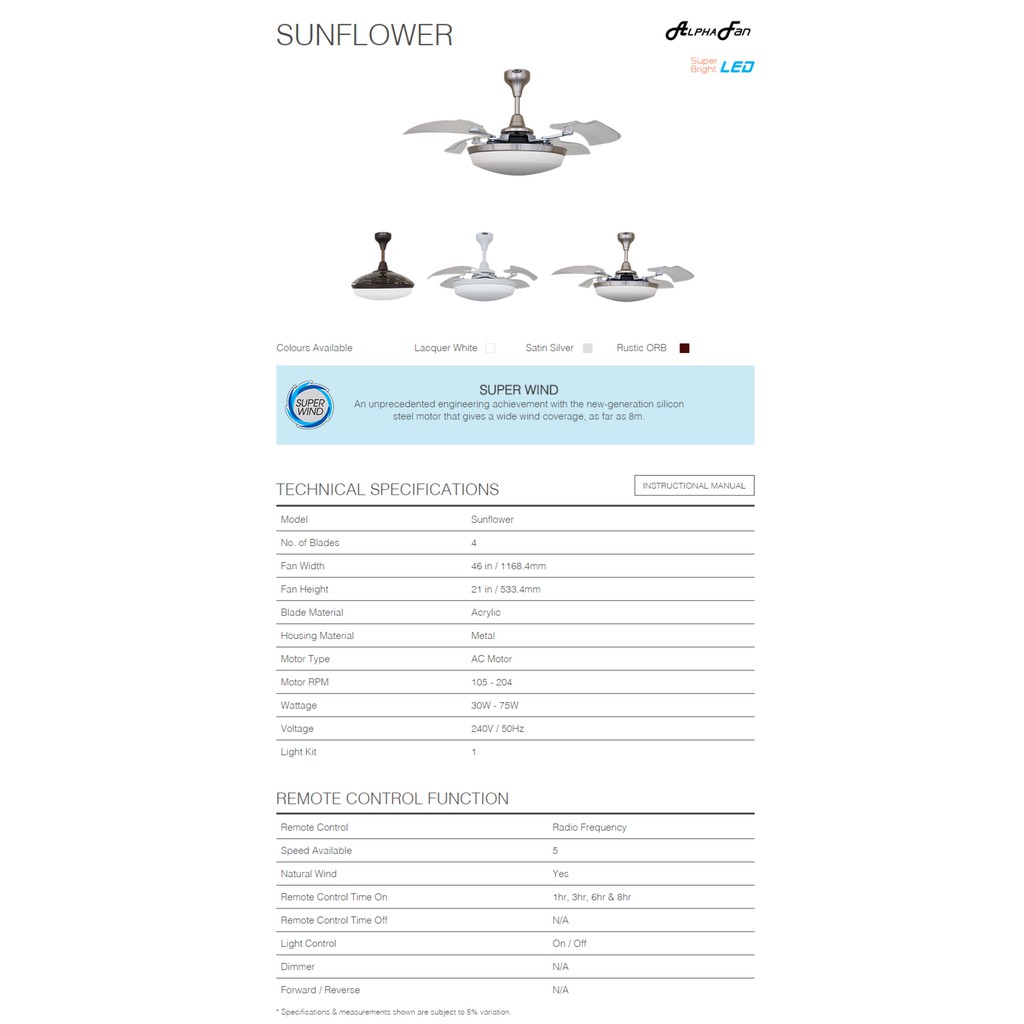 Alpha Ceiling Fan With Led Light Sunflower 46 White