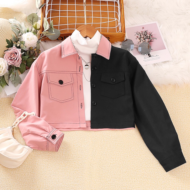 SIYYIS Girls Blouse 8-12 Years Kids Long Sleeve Top Pink and Black Color Block Short Button Down Shirt Fashion Children Outwear Teens Top Girls Outwear Korean Style Girls Shirts Baju Kanak Kanak Perempuan Baju Budak Perempuan Baju Baby Girl