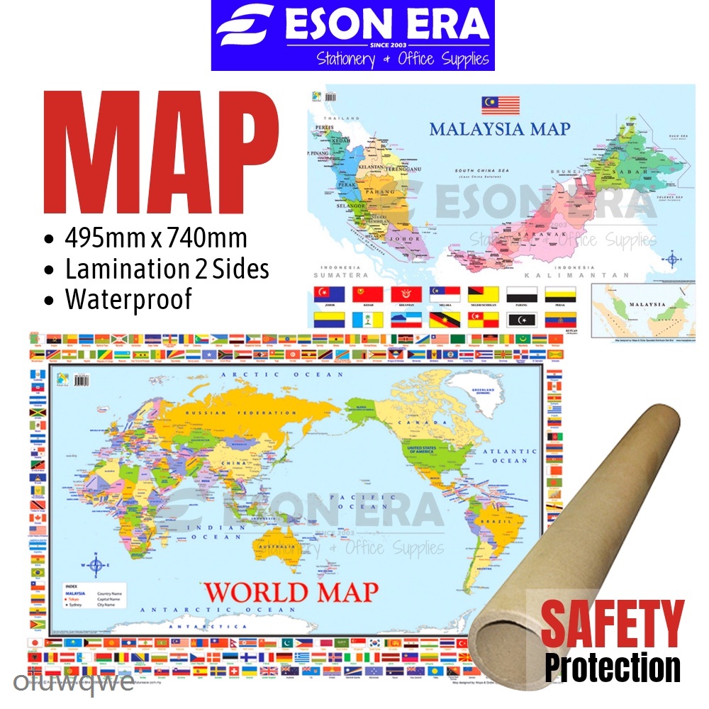 ☈✉World Map/Malaysia Map/Kedah/Pulau Pinang/Selangor/Melaka/Johor/Pahang/Perak/Sabah/Sarawak Poster 马来西亚地图/Peta Dunia