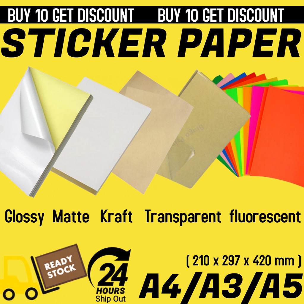 A4/A3 Sticker Paper Mirrorcoate Simili Kraft Transparent Fluorescent Self Adhesive Office Kertas