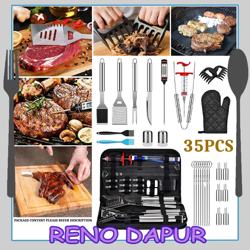 35PCS BBQ GRILL SET Grill Accessories Tools Set Barbecue Sets Thermometer Steel Fork Tongs and Spatula Grilling Utensil