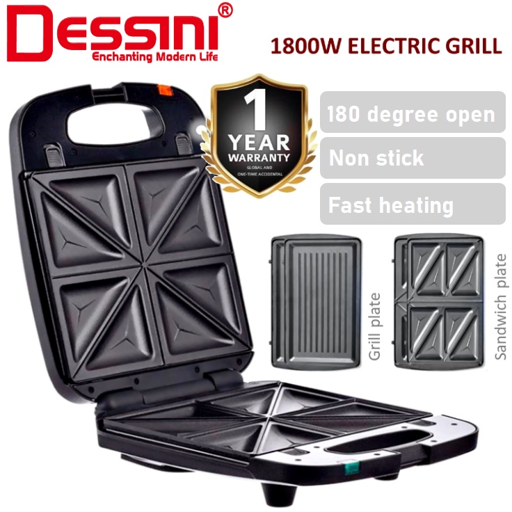 DESSINI ITALY 180° Open Double Sided Electric Pizza Panini Waffle Sandwich Maker Toaster BBQ Grill Non-Stick Baking Pan