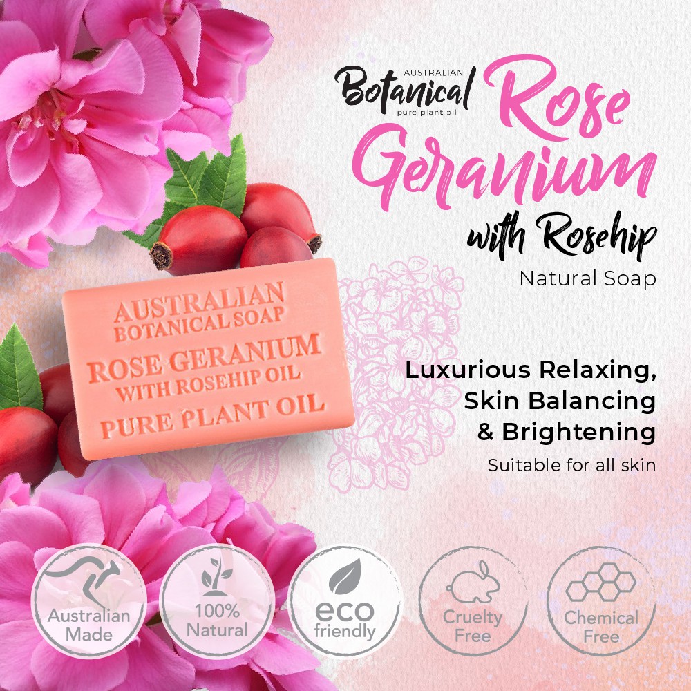 Australian Botanical Pure Plant Oil Natural Bar Soap (Rose Geranium & Rosehip Oil) - made in Australia