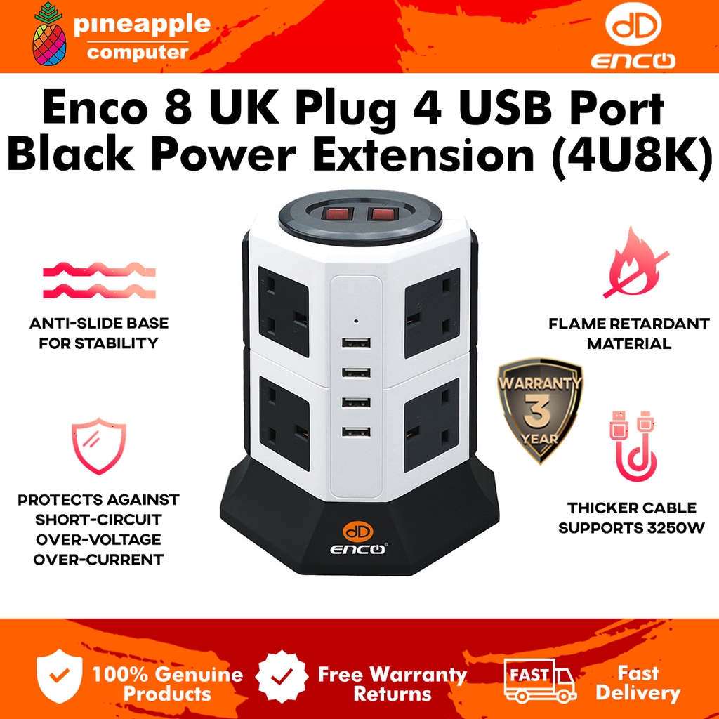 [Stand a chance to win PS5]ENCO Black Extension Plug Tower Surge Protector 8 Sockets 4 USB Ports