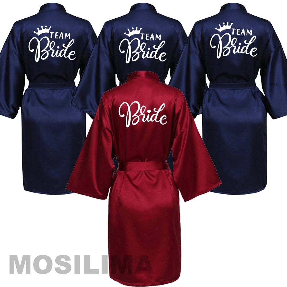 Wedding Party Team Bride Robe With Black Letters Kimono Satin Pajamas Bridesmaid Bathrobe SP024