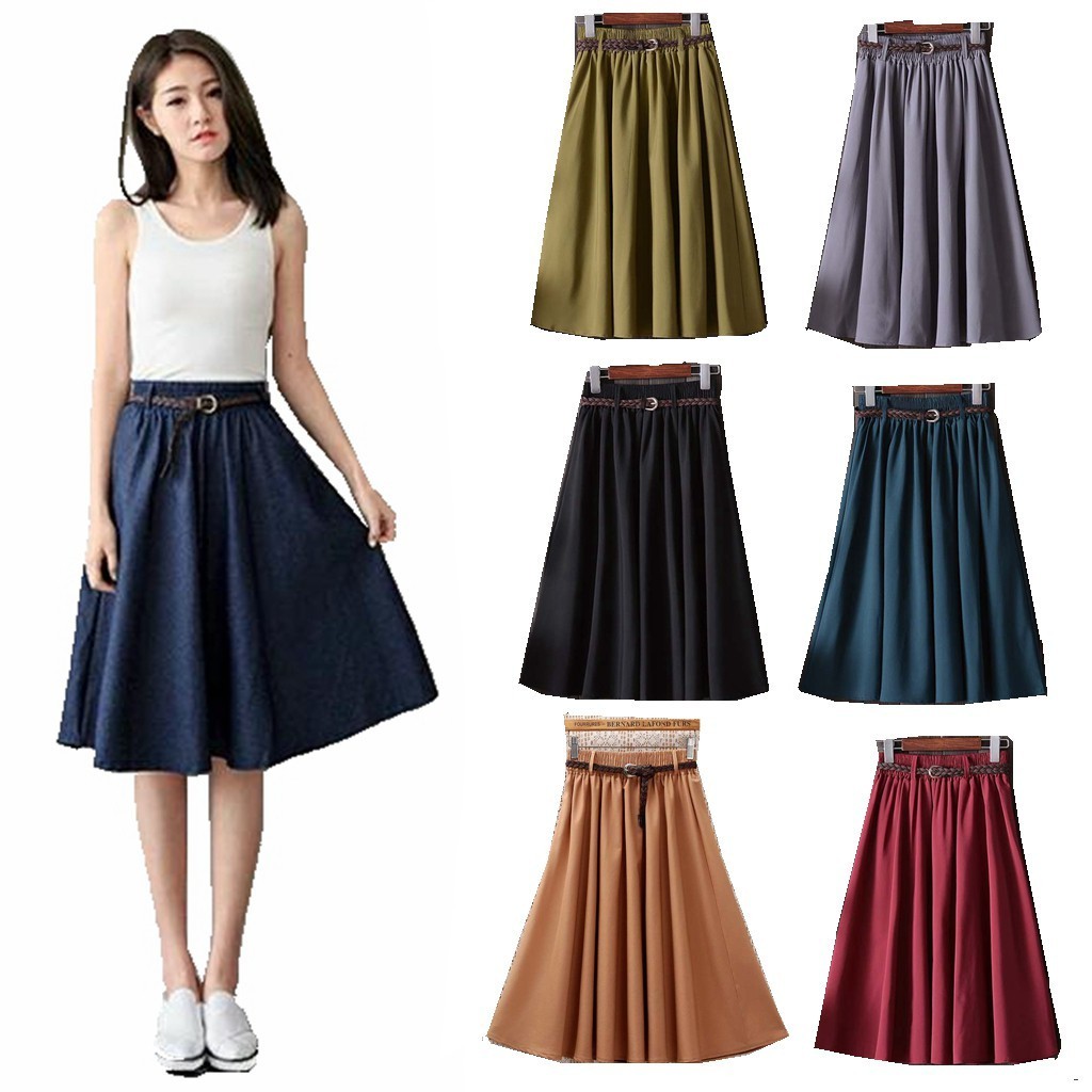 Korean Pleated Skirt Casual High Waist Midi Skirt Summer Women Clothing ...