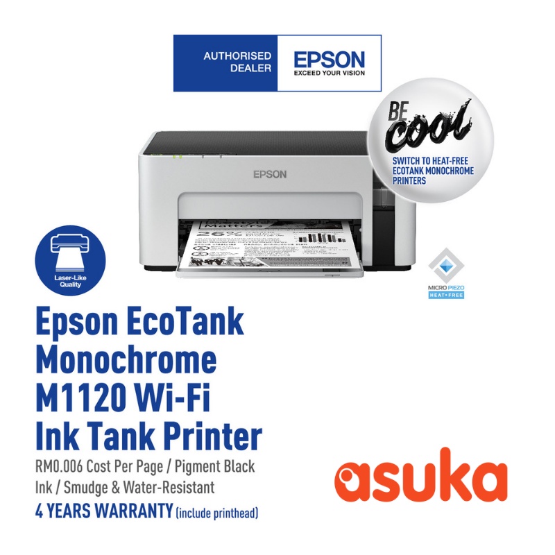 Epson M1120 Mono print, 15ipm (Draft 32ppm), Wi-Fi Direct, 6k page yield, pigment black ink, 4 year warranty or 50k page