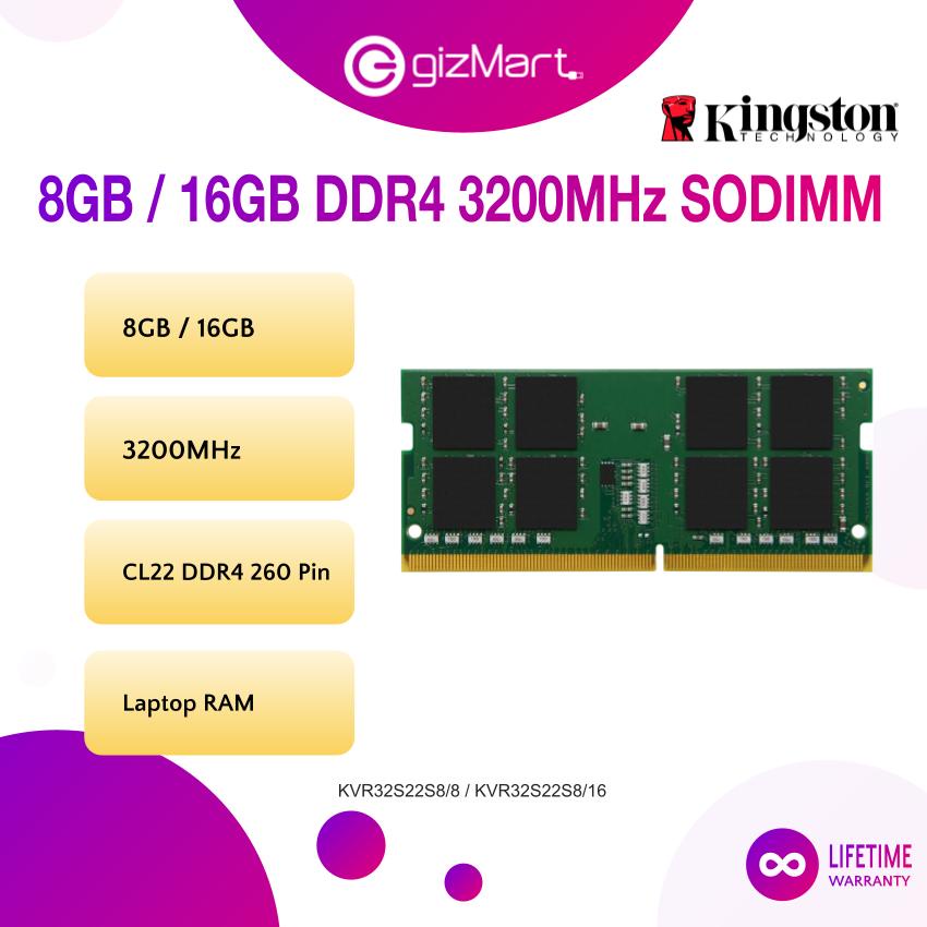 Kingston 8GB / 16GB RAM DDR4 3200Mhz CL22 260 PIN SODIMM Laptop