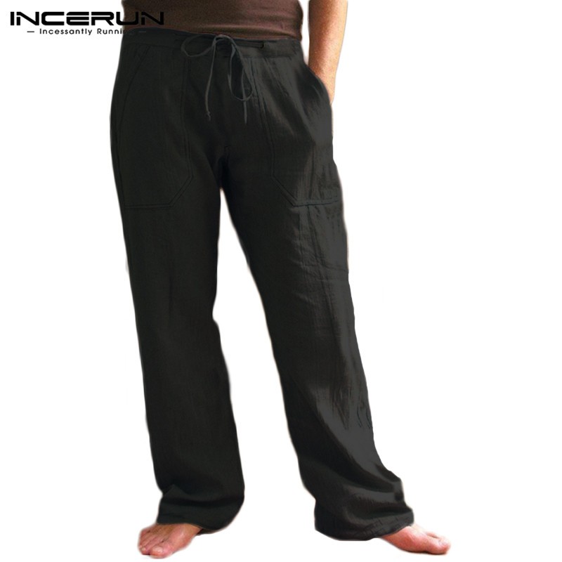 INCERUN Men's Cotton Linen Casual Loose Elastic Waist Straight Pants ...