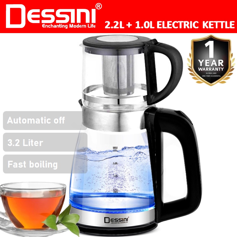 【ORIGINAL】 DESSINI ITALY 2.2L + 1.0L Glass LED Light Electric Kettle Automatic Cut Off Boiler Jug Teapot / Cerek