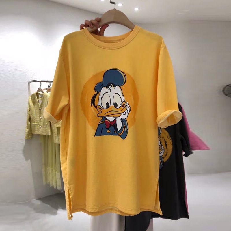 Theodora Donald Duck Half Sleeve Crewneck Split Hem Mid Long Tshirt Cartoon Print Casual Loose Tee Cute Women Tops Short Sleeve T Shirt Shopee Malaysia