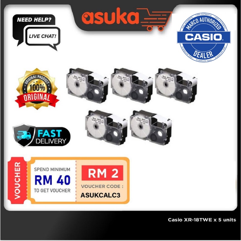 Casio XR-18TWE x 5 units / 18mm Black on White tape / Original Casio