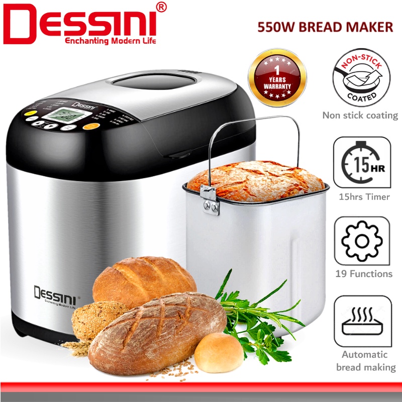 DESSINI ITALY 19-In-1 Programmes 1KG LCD Automatic Bread Maker Stainless Steel Toaster Knead Dough Baking Machine Roti