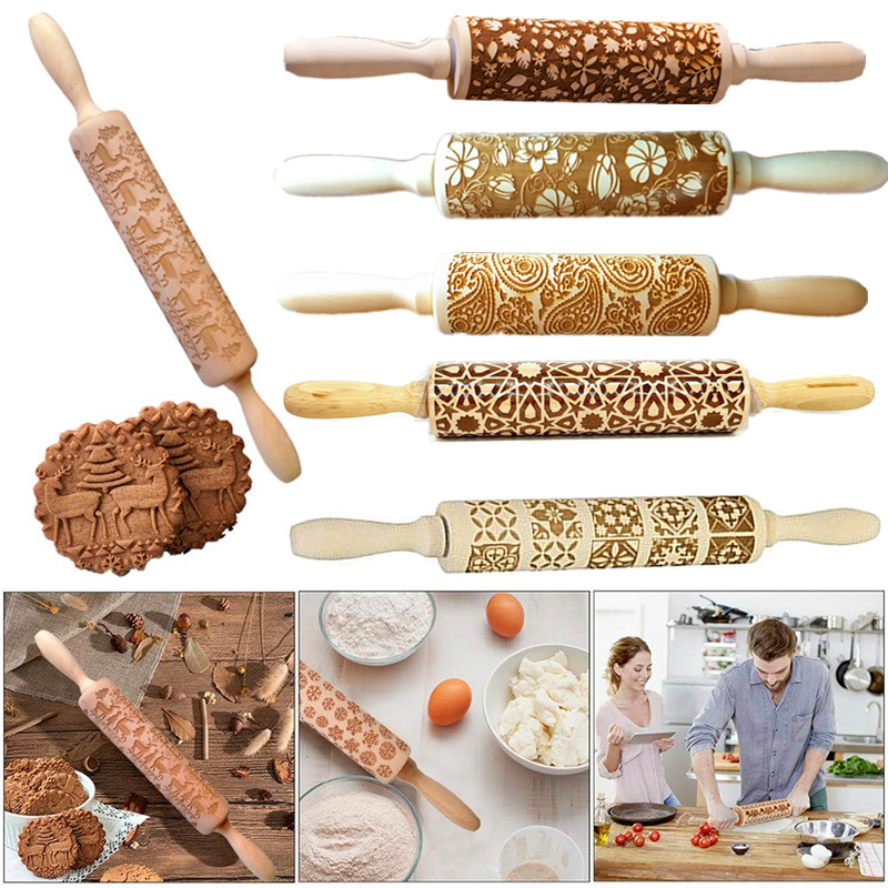 Wooden Chirstmas Snowflakes Embossing Rolling Pin Big Snowflake Rolling Pin Laser Engraved Durable Hand-Held Kitchen Tool for Fondant,Baking,Pizza,Pie,Cookie,Dough,Cake 
