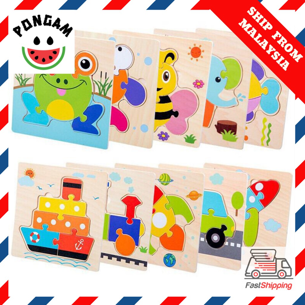 Ready stock Puzzle Wooden Toys Cute Cartoon Animal & Transportation Bootleg Kids Early Learning Educational