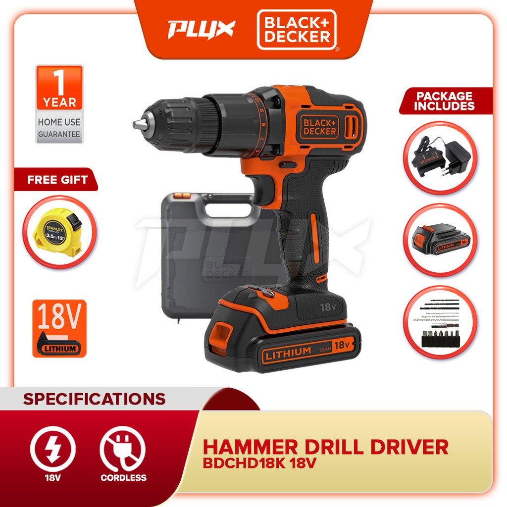 BLACK & DECKER BDCHD18K 18V Lithium Ion Cordless Hammer Drill With Case