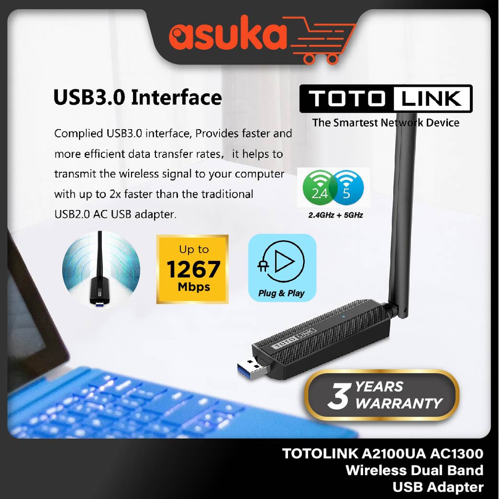 TOTOLINK A2100UA AC1300 Wireless Dual Band USB Network Adapter For PC/Laptop