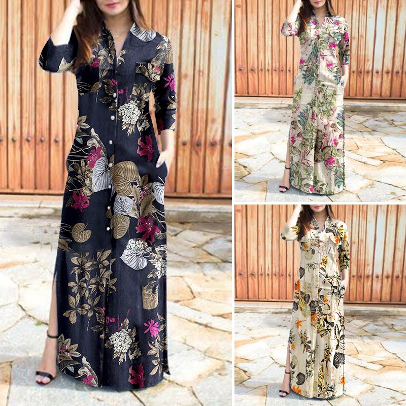 Women Cotton Long Sleeve Fashion Floral Side Slit Long Dress Plus Size