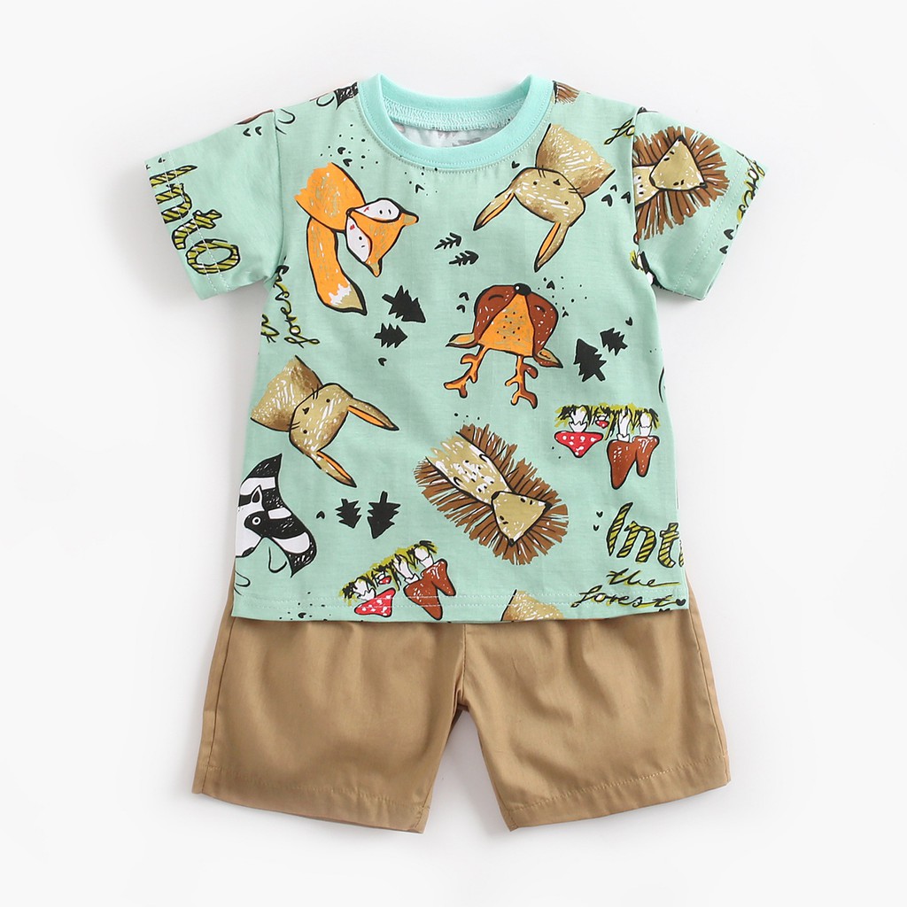 Motecity Fashion Little Boys Summer Casual Cartoon Printed Set T-Shirt Shorts 