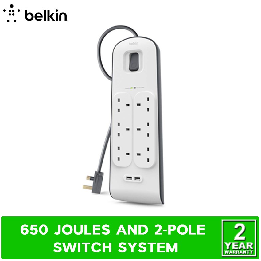 Belkin 6 Way Surge + 2.4A USB Protection (2M) BSV604sa2M | Shopee Malaysia