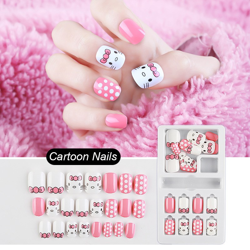 Children Fake Nails Full Cover Fake Nail Tips Cartoon Nail Art Short ...