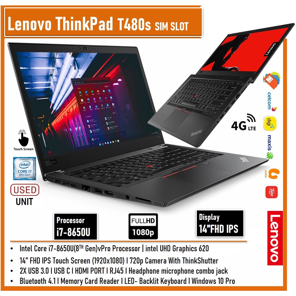 Lenovo T480S / T490 ThinkPad intel Core i5 / i7-(8th Gen)14