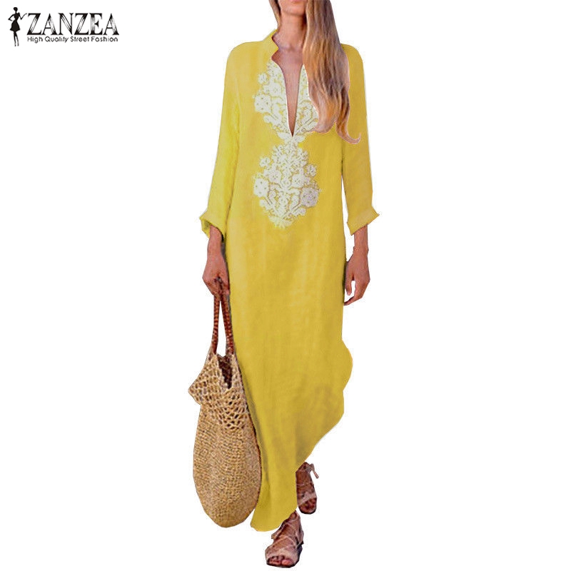 ZANZEA Women Summer Printed Deep V Long Split Maxi Dress