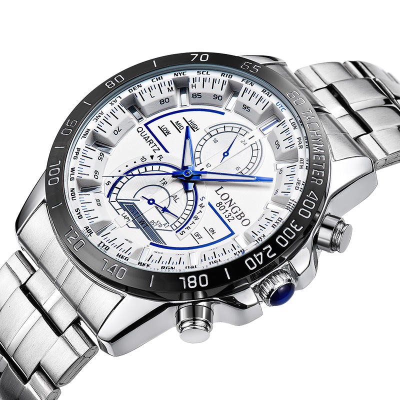 LONGBO 80132 Luminous Men Watch Fashion Date Display Stainless Steel Quartz Wrist Watch