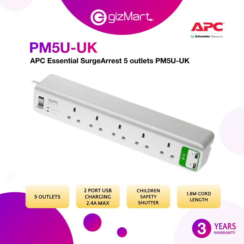 APC PM5U-UK Essential SurgeArrest 5 outlets with 5V, 2.4A 2 port USB ...