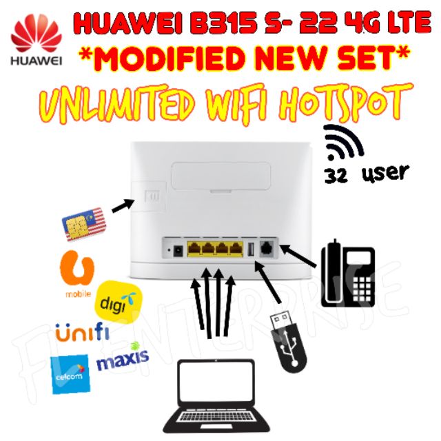 Huawei B315s 22 Unlocked Modified New Set 4g Lte Modem Unlimited Wifi Tethering Shopee Malaysia