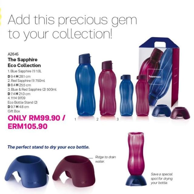 READYSTOCK Tupperware ( 4pcbtls + 2pcStands+GiftBox) The Sapphire Eco Collection Set 1000ml 750ml 500ml Eco Bottle Stand