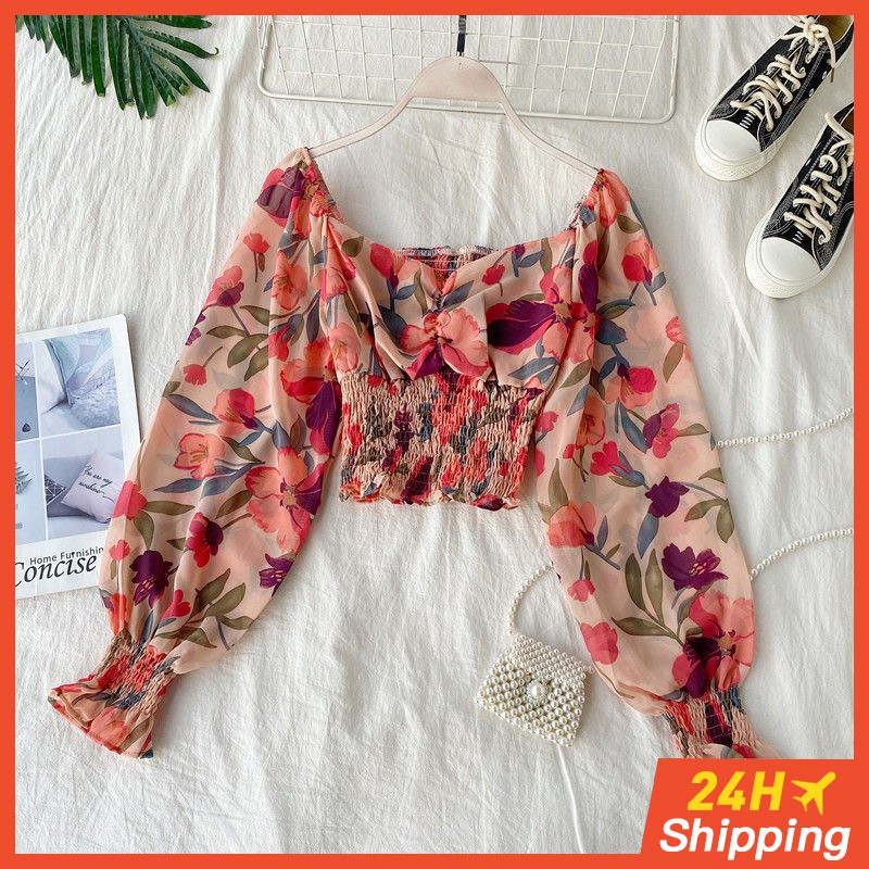 【AVA & Ready Stock】Women's Floral Fashion Puff Sleeve Square Neck Printed Chiffon Crop Top