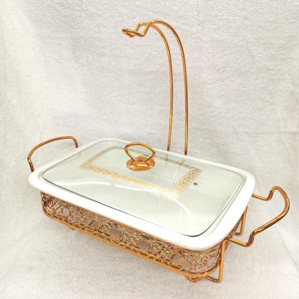 QUEEN KITCHEN 14" Porcelain oblong Casserole with Gold Stand / Buffet / Food Warmer / Party Set CX2451  PINK ROSE