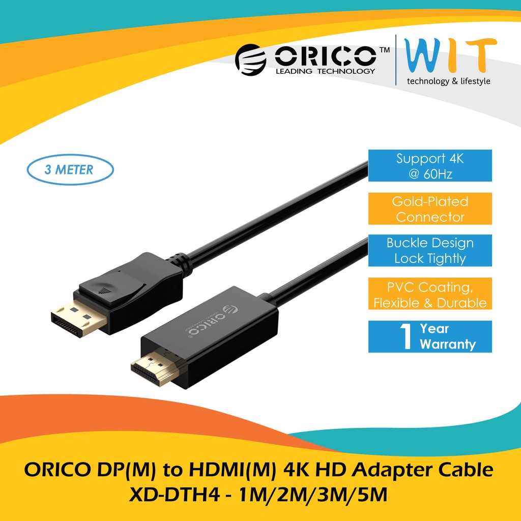 Orico DP(M) to HDMI(M) 4K HD Adapter Cable XD-DTH4 - 1M/2M/3M/5M