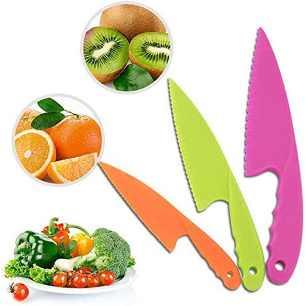 Set of 3 Pieces Plastic Kitchen Knifes for Kids, BPA Free Cooking Knives for Bread Fruit Veggies, Multicolor