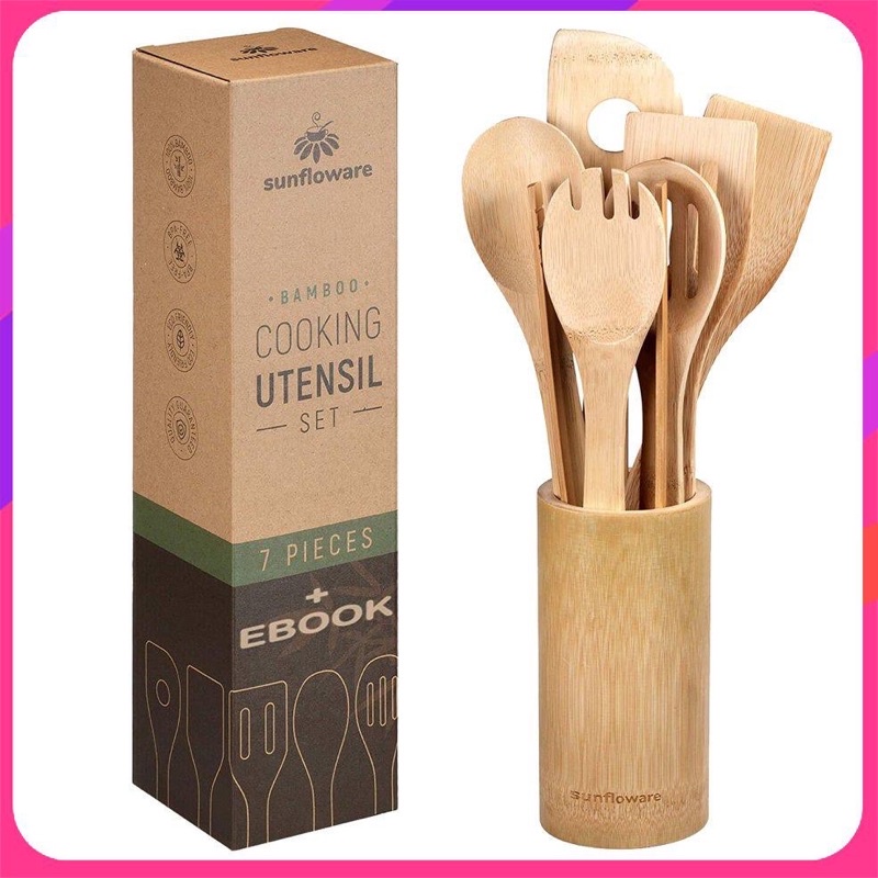 7 in 1 Eco Friendly-Bamboo Kitchen Utensil Set Tool Kitchenware (Bamboo Utensil Holder Included)