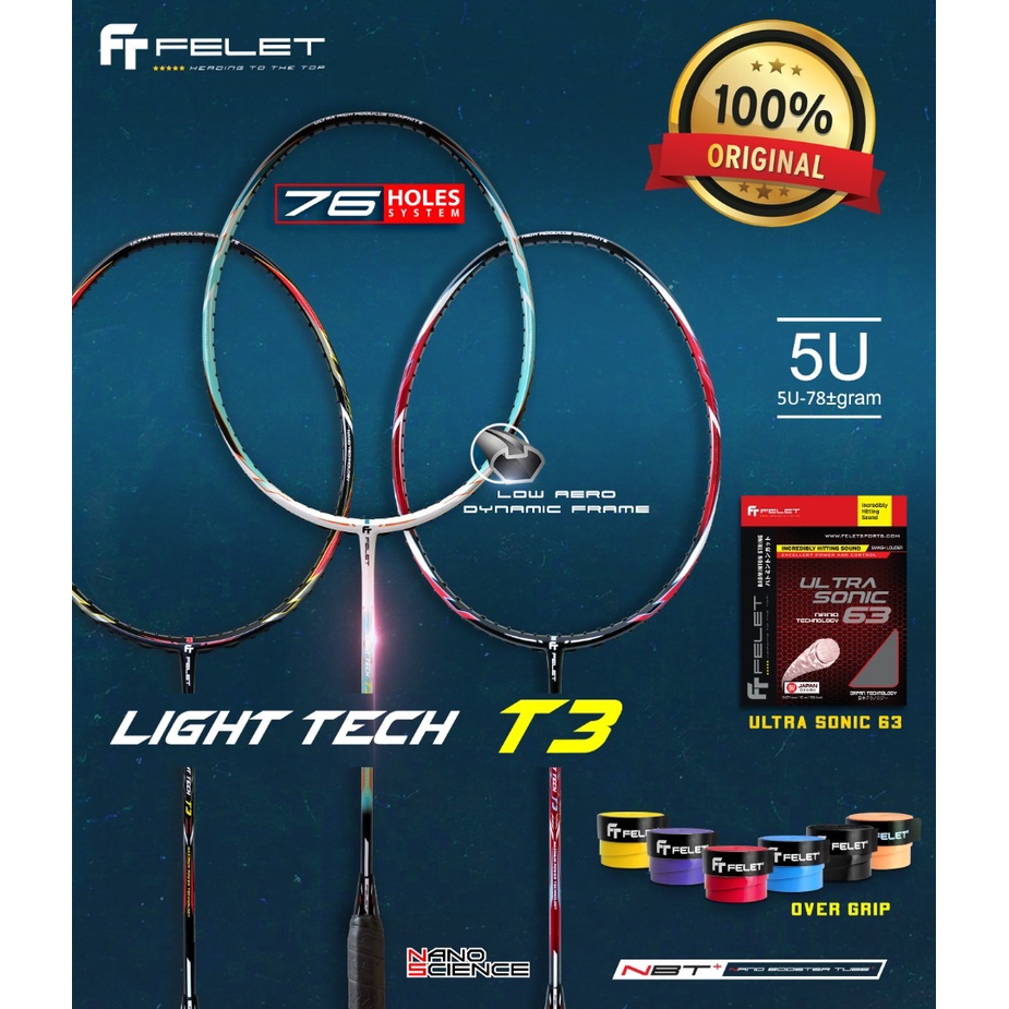 Felet Light Tech T3 Heavy Head Racket Badminton Raket Badminton [Free