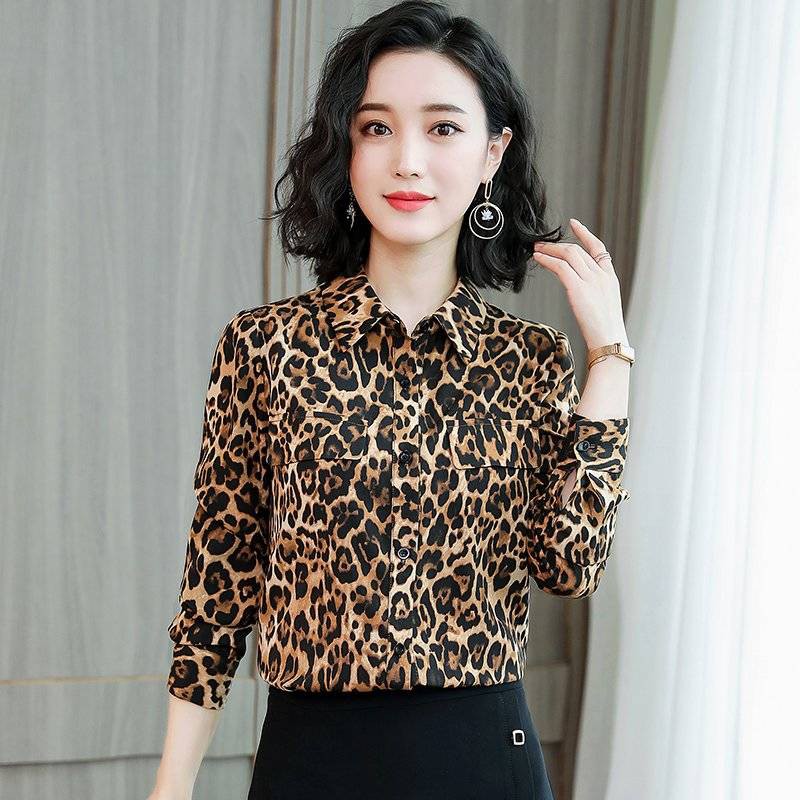 Zlz Leopard Shirt Wanita Spring Baru Gaya Perut Adalah Baju Chiffon Nipis Lengan Panjang Baju Kaos Retro Baju Kecil