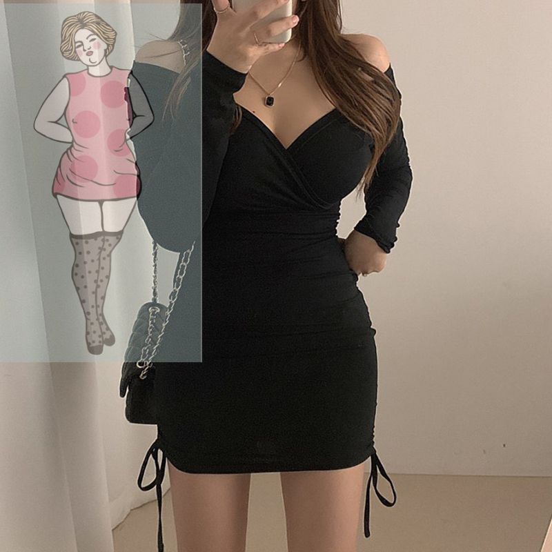 100kg大码连衣裙 大码女装2021春装遮肚连衣裙绑带包臀裙女V领连衣裙性感修身显瘦 big size dress