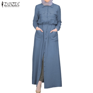 Image of ZANZEA Women Long Sleeve Elastic waist Turn-Down-Collar Muslim Long Dress