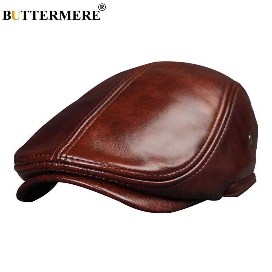 BUTTERMERE British Beret Men Genuine Leather Flat Cap Brown Male