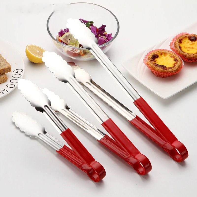 Kitchen Red Plastic Coated Stainless Steel Clip Bread Food Tong