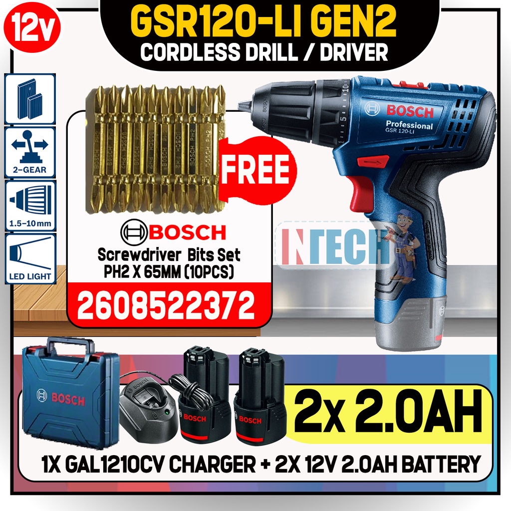 BOSCH GSR120LI 12V CORDLESS SCREWDRIVER DRILL C/W GAL1210CV + 2X 12V 2